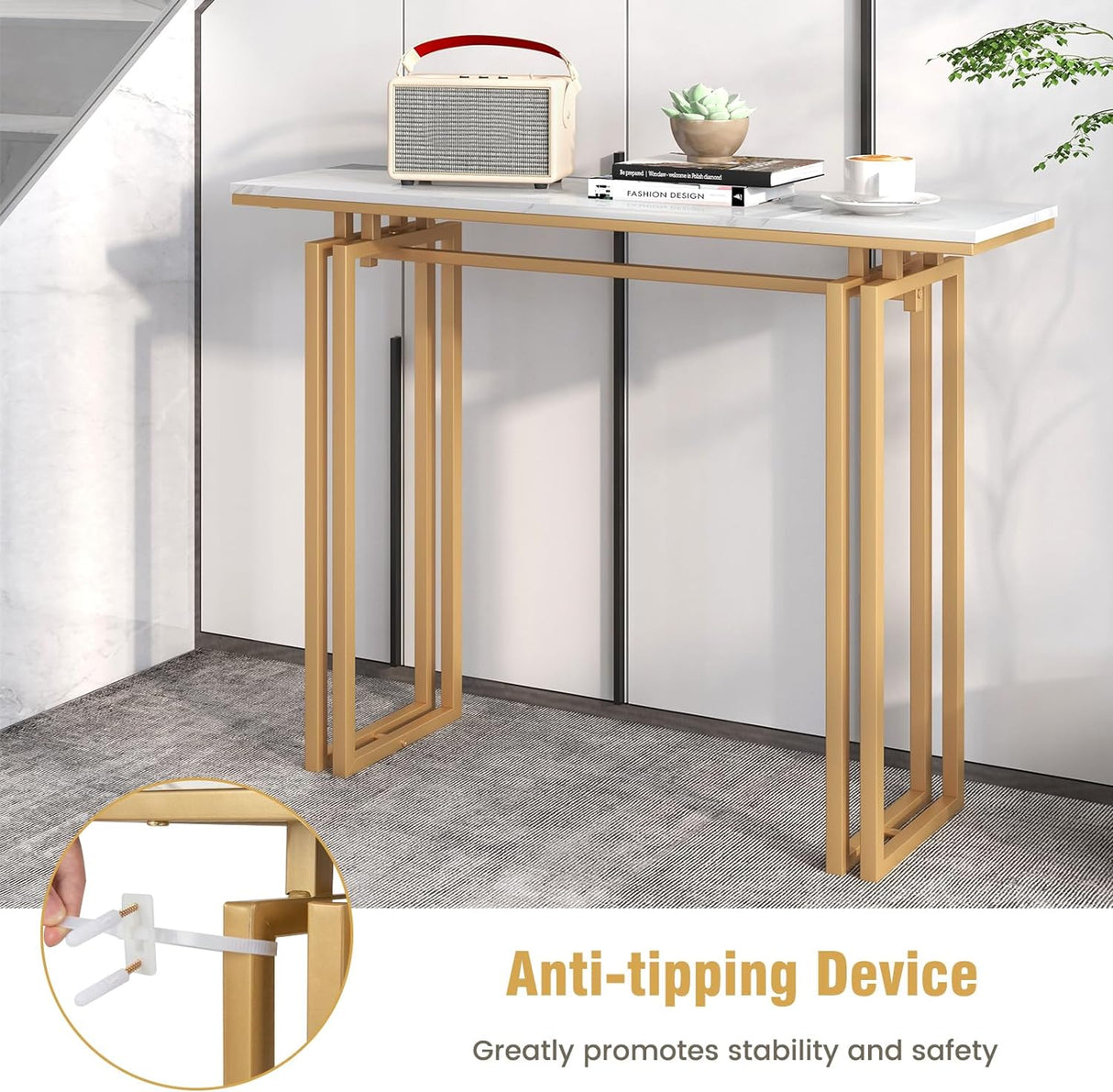 110cm Console Table, Faux Marble Sofa Table w/Sturdy Metal Legs, Adjustable Feet, Modern Entryway Table, Perfect for Foyer, Living Room, Hallway (Gold)