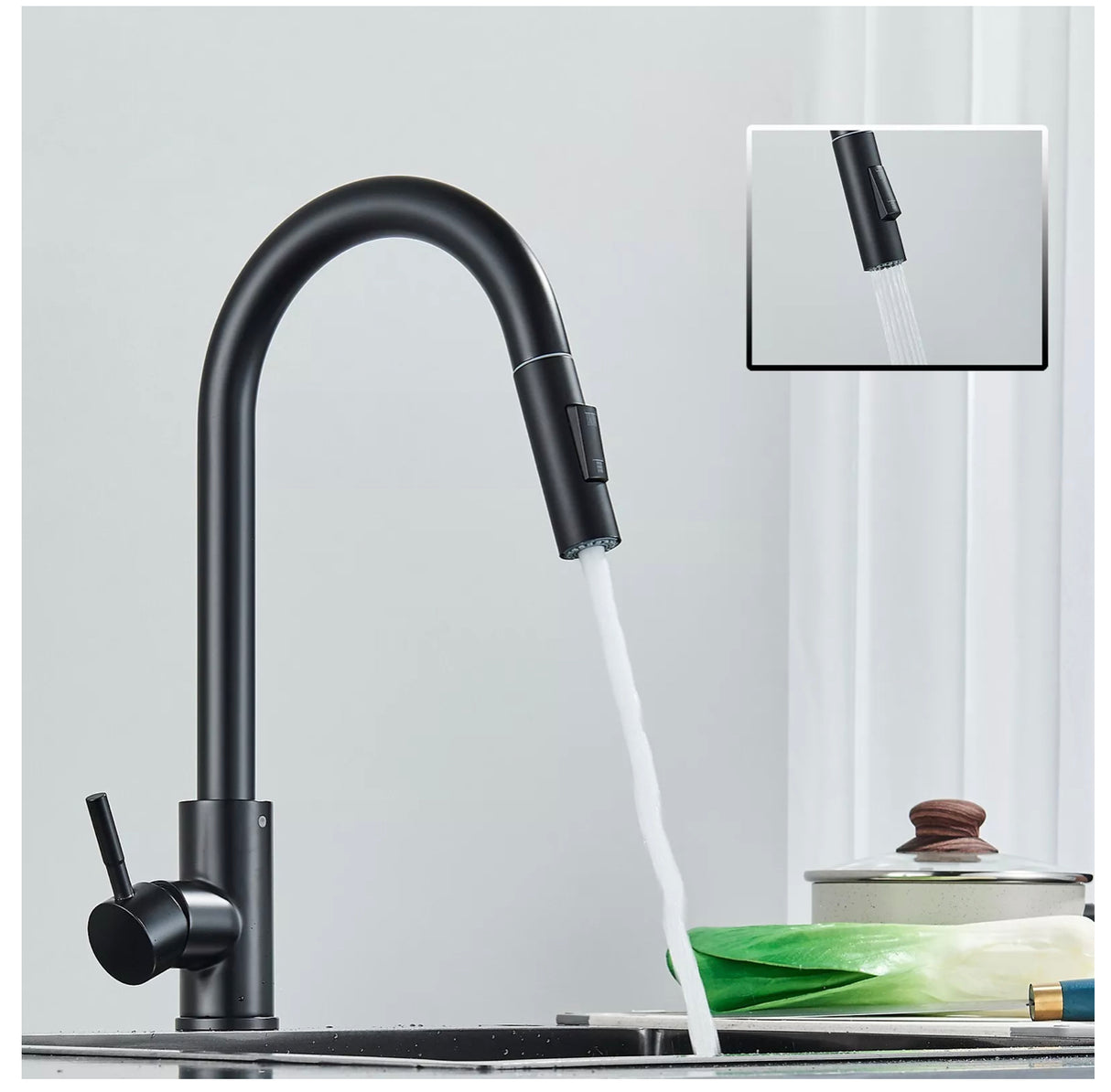 Solid Brass WELS Kitchen Mixer Tap Sink Pull-Out Faucet 360° Swivel Spout Black