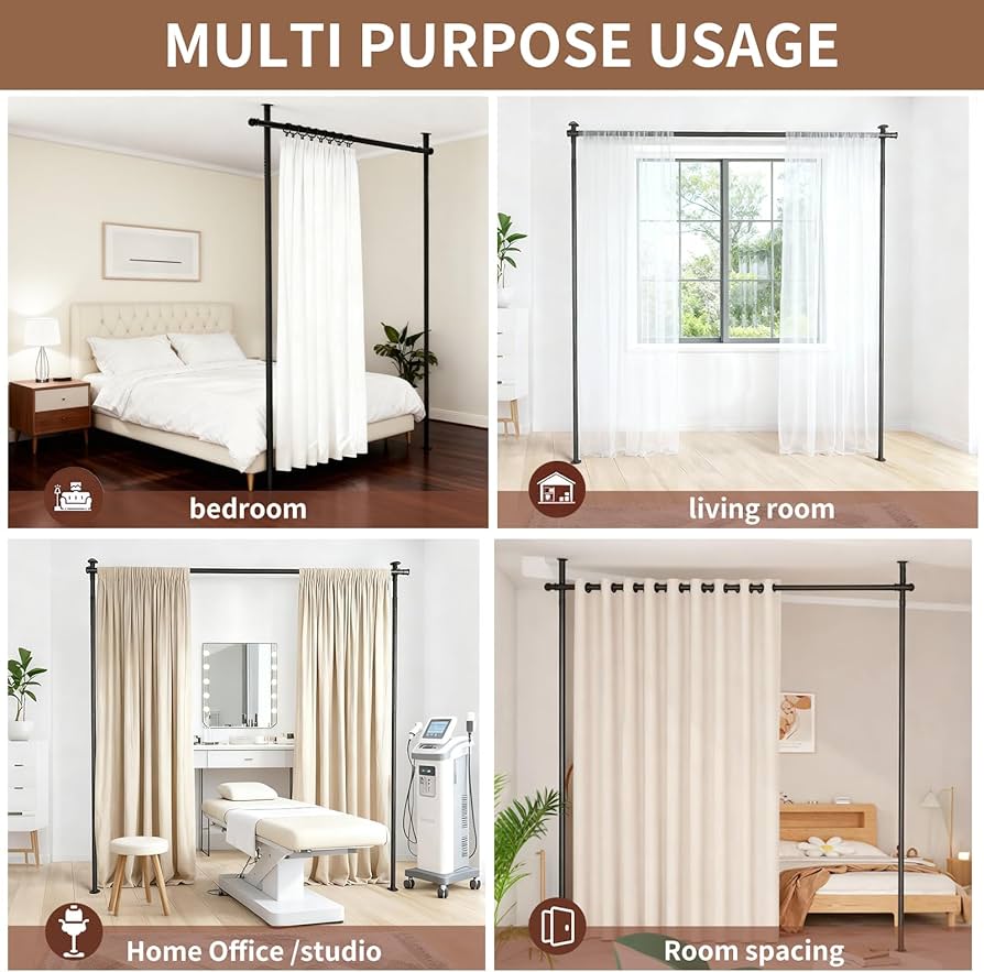 Room Divider Curtain Rod No Drilling, Wall Divider for Room Separation, 121-304cm(H) 71-177cm(W) Adjustable, Heavy Duty Floor to Ceiling Tension Curtain Stand, Black