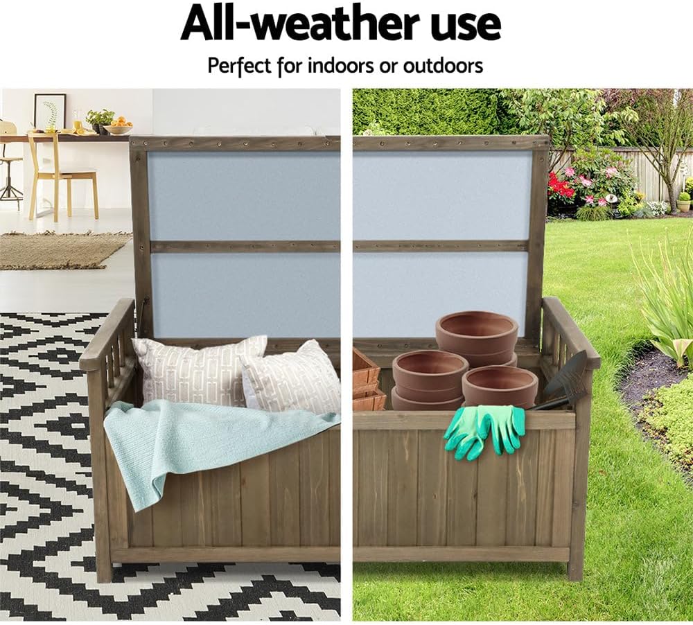 Outdoor Storage Box Bench, Wooden Garden Shed Shoe Cabinet Tool Chest Toy Storages Boxes Benches Deck Chair Container Indoor Patio Balcony Furniture, Water-Resistant 220kg Capacity Brown