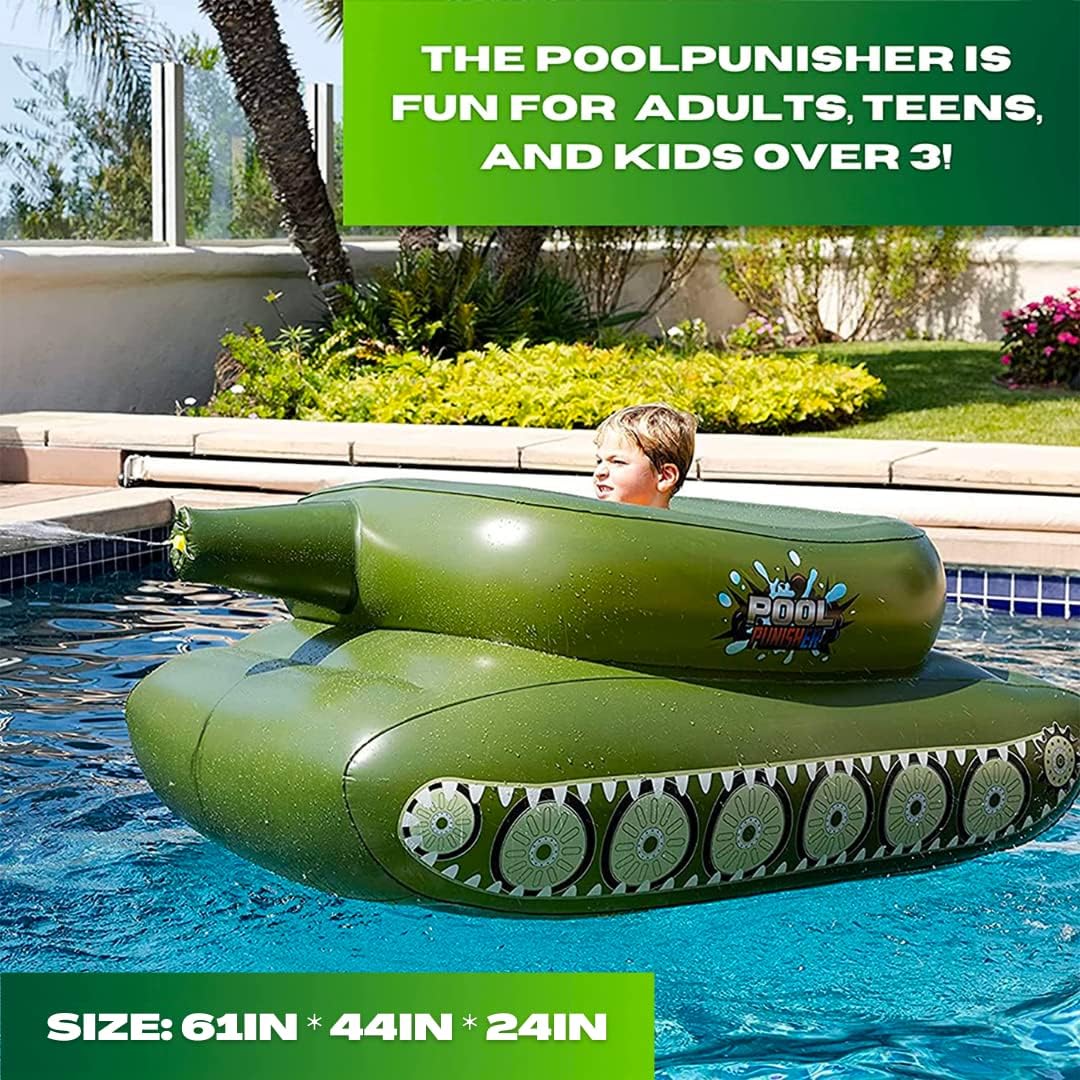 Pool Punisher Inflatable Toy Tank with Squirt Gun- Swimming Accessories for Kids, Teens and Adults - Giant Size Outdoor Water Toys for Lakes and Beach - Swim Stuff for Summer