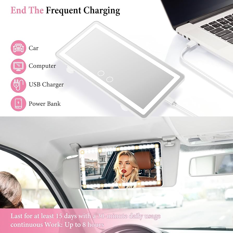 Car LED vanity makeup mirror, touch sensor, sun visor makeup mirror, three-color adjustable, clear eye protection