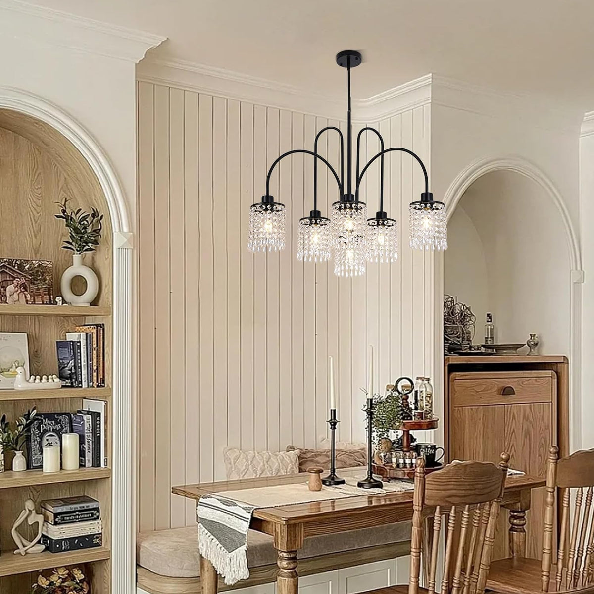 6 Lights Crystal Chandeliers, Black Farmhouse Chandelier, Metal Industrial Pendant Lighting, Semi Flush Mount Chandelier Ceiling Lamp for Dining Room Bedroom Kitchen, E27 Base