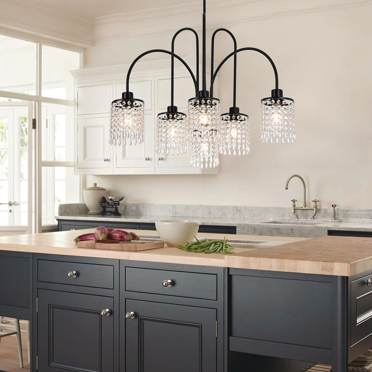 6 Lights Crystal Chandeliers, Black Farmhouse Chandelier, Metal Industrial Pendant Lighting, Semi Flush Mount Chandelier Ceiling Lamp for Dining Room Bedroom Kitchen, E27 Base