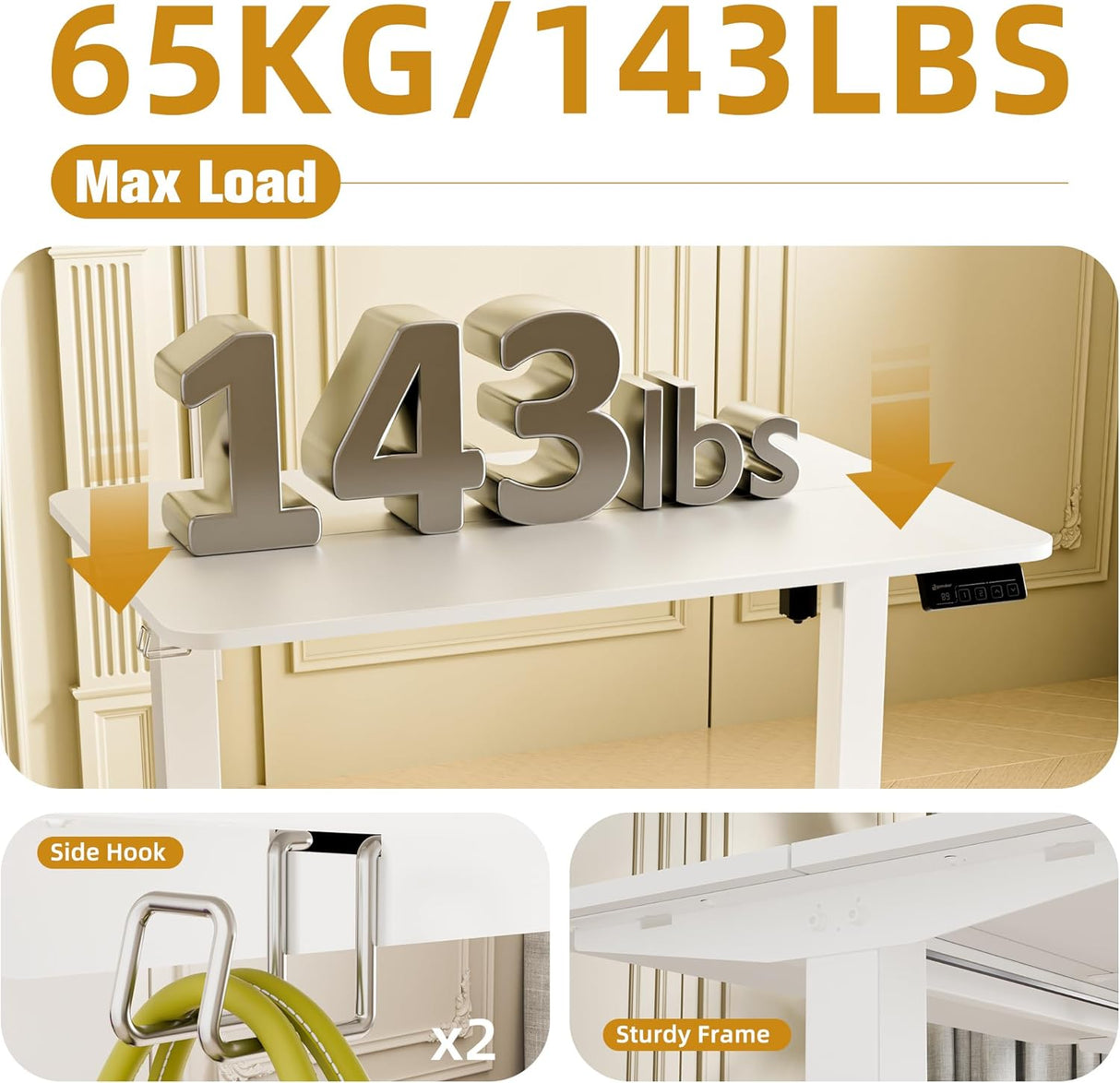 Electric Standing Desk 90x60cm (35.4"x23.6"), Height Adjustable Standing Desk with Splice Board, Stand Up Desk with Hook and Memory Smart Handset