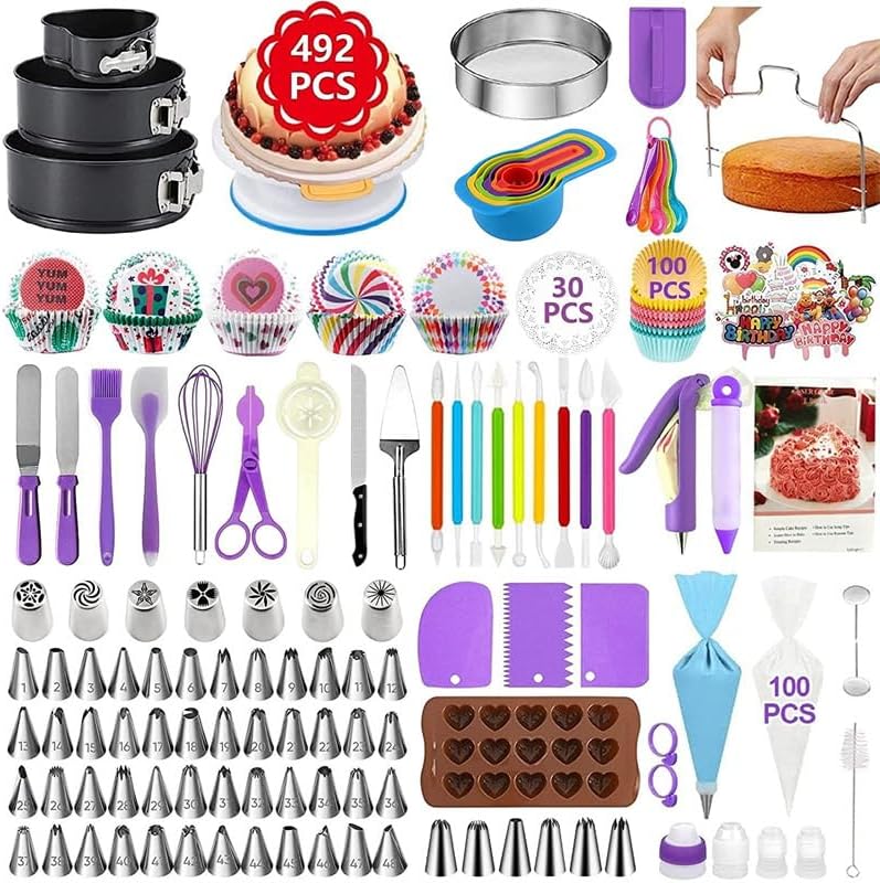 Cake Decorating Tools Supplies Kit, 492 PCS Cake Decorating Kit 3 Packs Springform Cake Pans, Cake Rotating Turntable, 48 Piping Icing Tips, 7 Russian Nozzles, Baking Supplies, Cupcake Decorating Kit