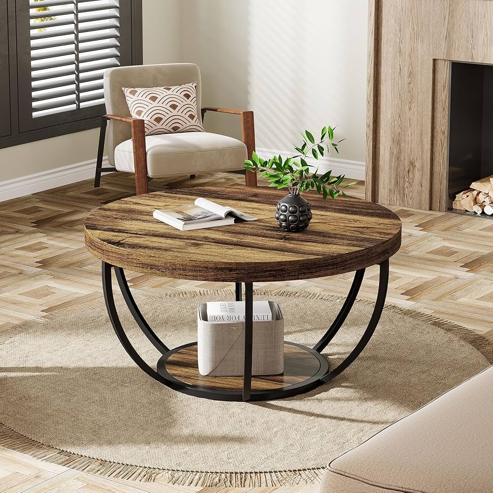 31.7" Round Coffee Table, Industrial 2-Tier Circle Coffee Table with Storage Shelves, Modern Wooden Accent Center Table Sofa Side Table for Living Room, Home Office, Wooden Grain