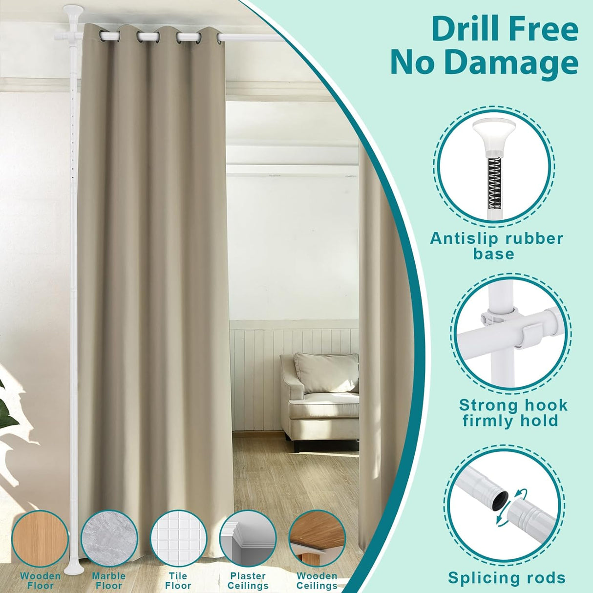 Room Divider- Adjustable 10FT No Drilling Curtain Rods Wall Divider for Room Separation, Heavy Duty Freestanding Hanging Room Divider Curtain Rod for Studio Rental, Room Partitions Dividers
