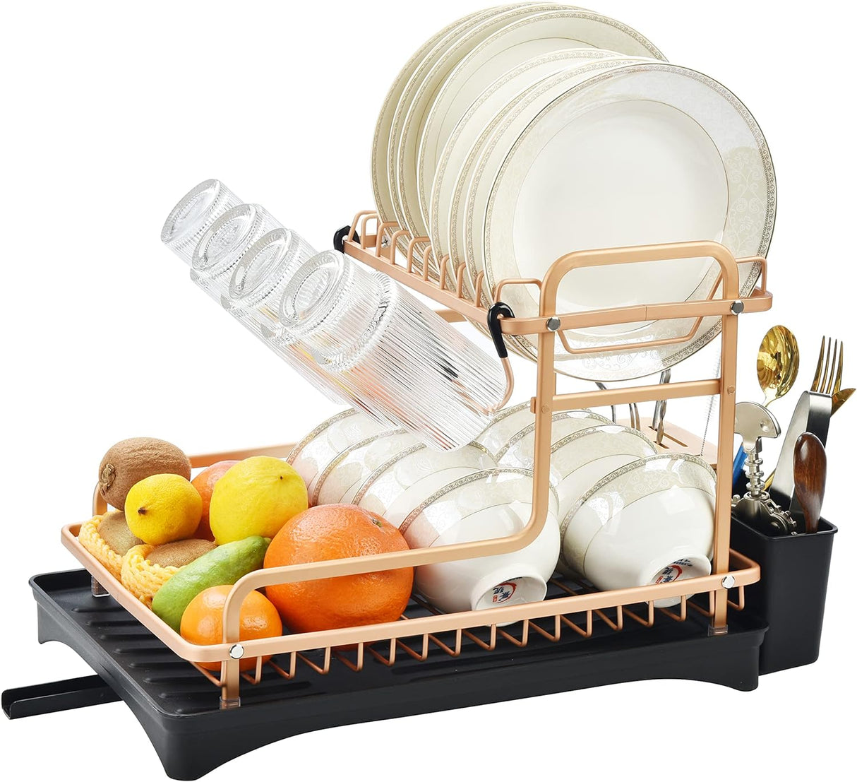 Aluminum Dish Drying Rack, Never Rust Dish Rack with Removable Cutlery Holder &Cup Holder, Unique 360° Swivel Spout Drain Board, Rose