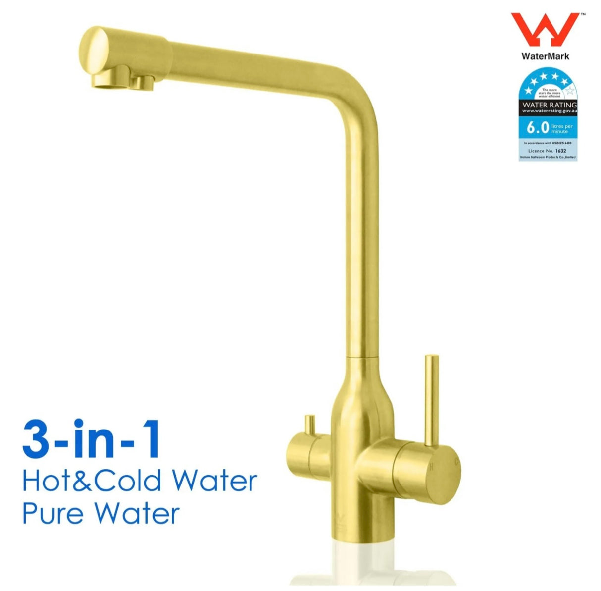 Brushed Gold 3 Way Kitchen Mixer Pure Drinking Water Sink Tap Swivel Spout WELS