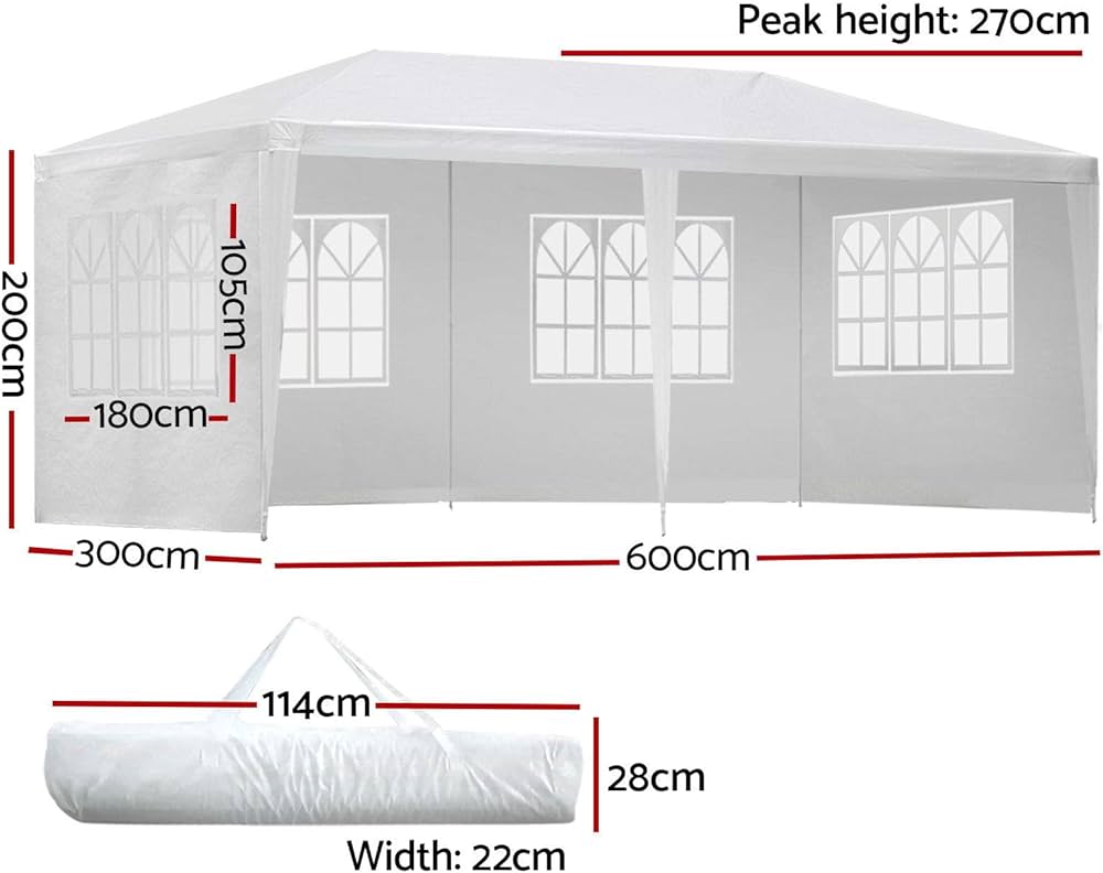 3x6 Marquee Gazebo, Camping Tent Wedding Gazebos Garden Shed Outdoor Party Canopy Patio Carport Car, White 4 Window Wall Carry Bag Water Resistant and UV