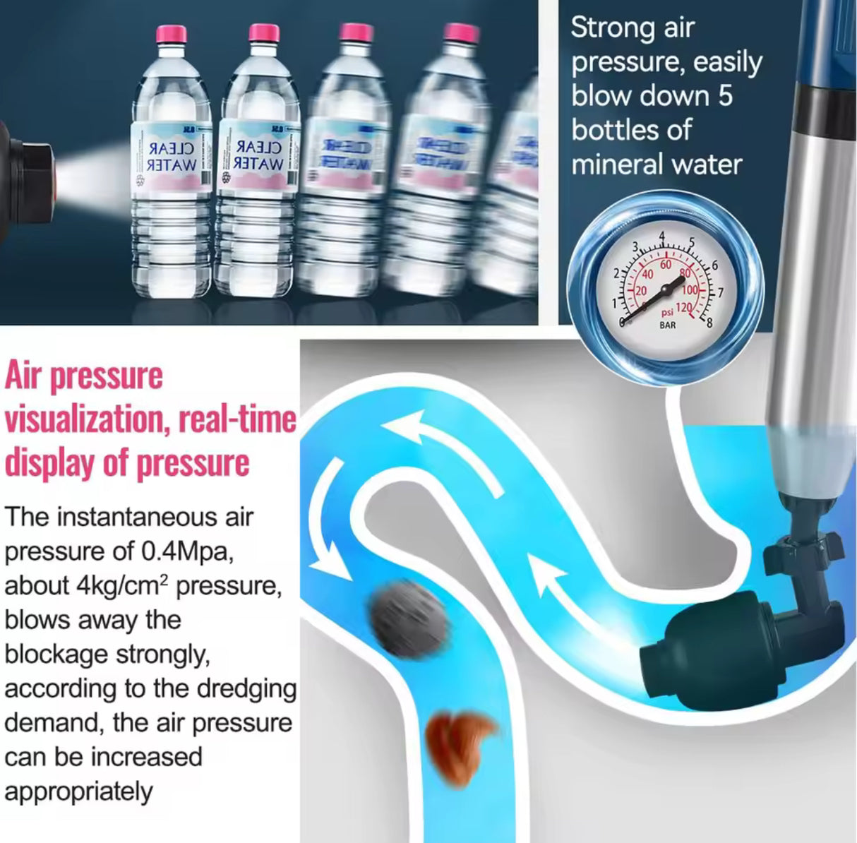 Toilet Plunger Drain Clog Remover High Pressure Air Drain Blaster Gun Drain Clog Remover Tool for Bathroom Sink Kitchen Clogged