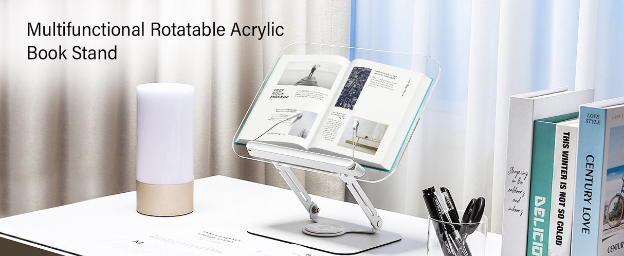 Book Stand for Reading, Adjustable Book Holder with 360° Swivel Base Foldable Stand Recipe Book Holder with Elastic Page Clips