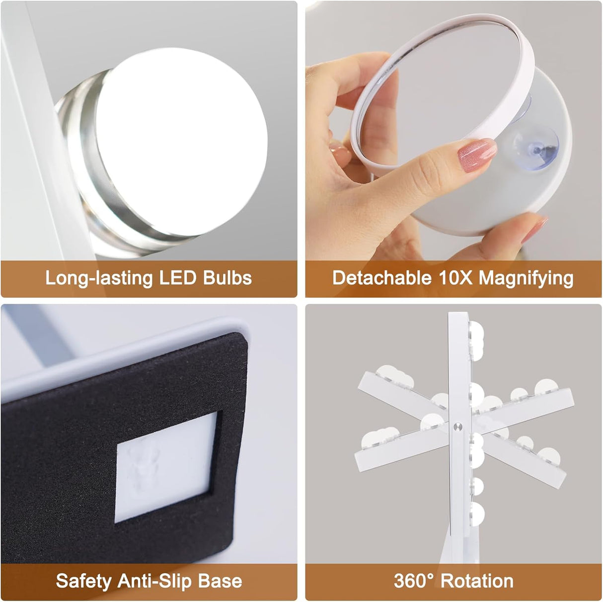 Vanity Mirror with Lights Hollywood Lighted Makeup Mirror with 9 LED Bulbs, 3Colors Dimable Light Detachable 10X Magnification(White)