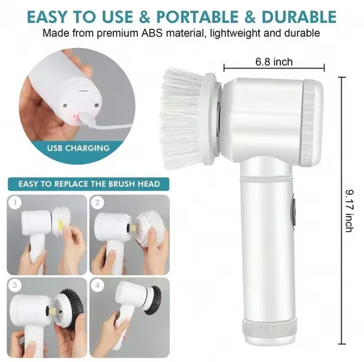 Cordless electric rotary scrubber with 5 replaceable brush heads, rechargeable bathroom and kitchen tile cleaning brush