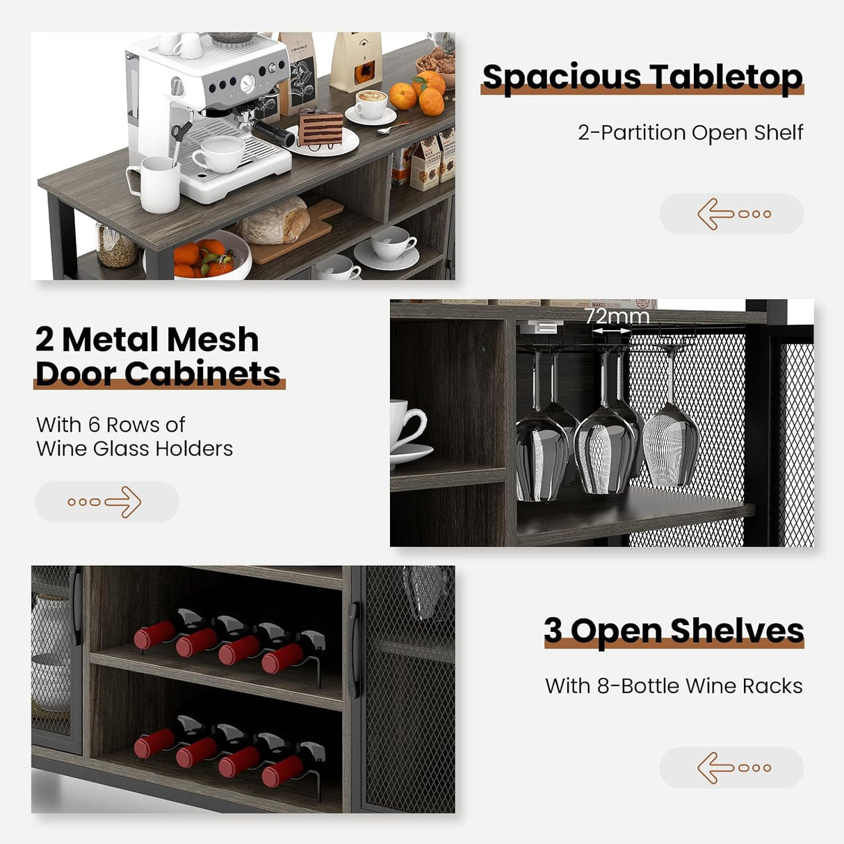 Wine Bar Cabinet, 55-Inch Buffet Sideboard with Wine Racks & Wine Glass Holders, Coffee Station Cabinet with Metal Mesh Doors, for Kitchen, Dining Room (Rustic Brown + Black)