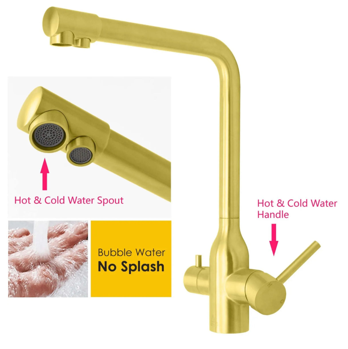 Brushed Gold 3 Way Kitchen Mixer Pure Drinking Water Sink Tap Swivel Spout WELS