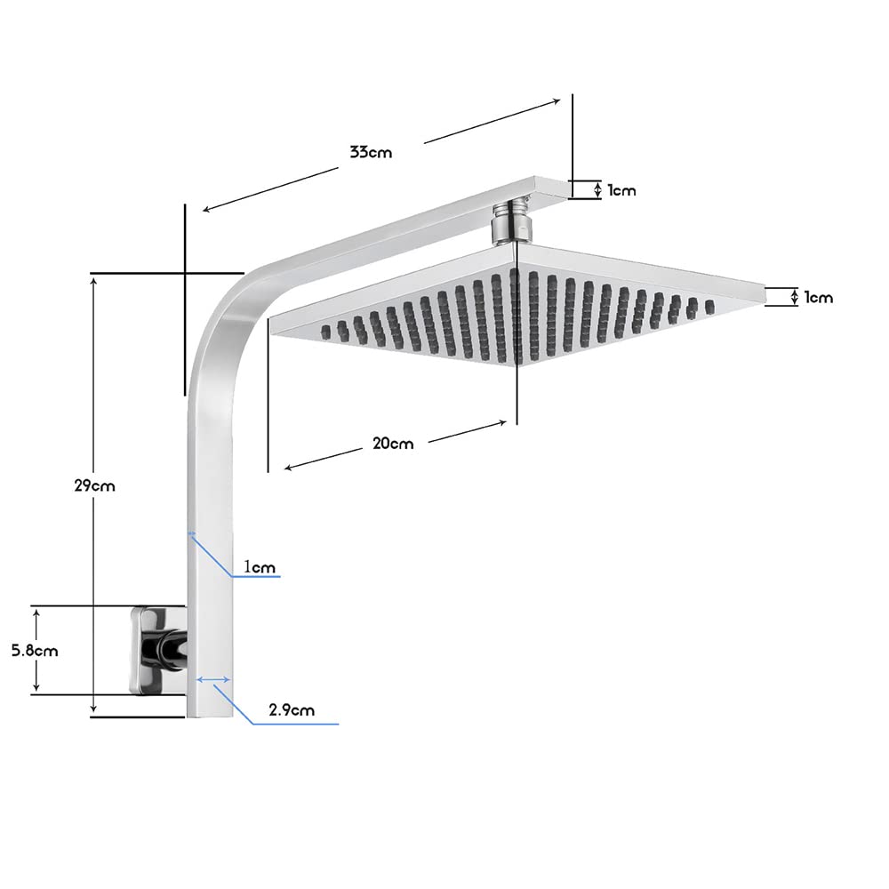 WELS Gooseneck Shower Wall Arm with 8" Square Rain Shower Head Set Brass