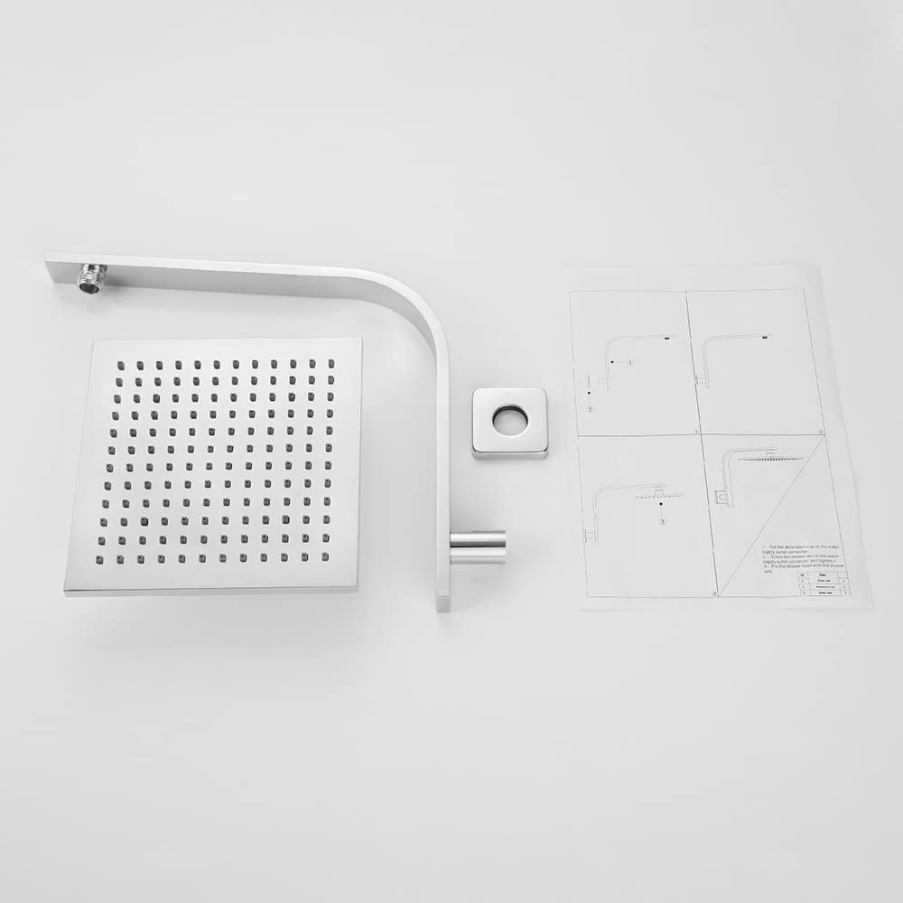 WELS Gooseneck Shower Wall Arm with 8" Square Rain Shower Head Set Brass