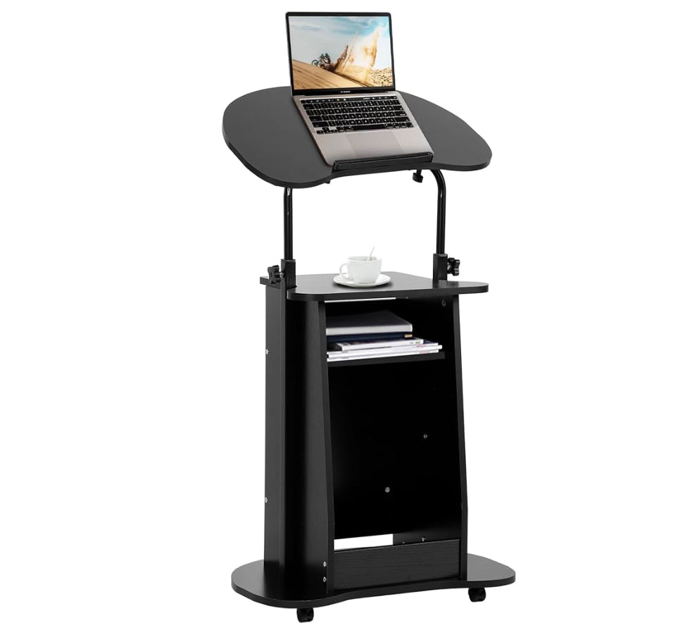 Mobile Podium Stand, Portable Height Adjustable Lectern Podium Stand with Tilting Desktop & Storage, Standing Laptop Desk with Wheels, Podium Stand for Classroom Home Office