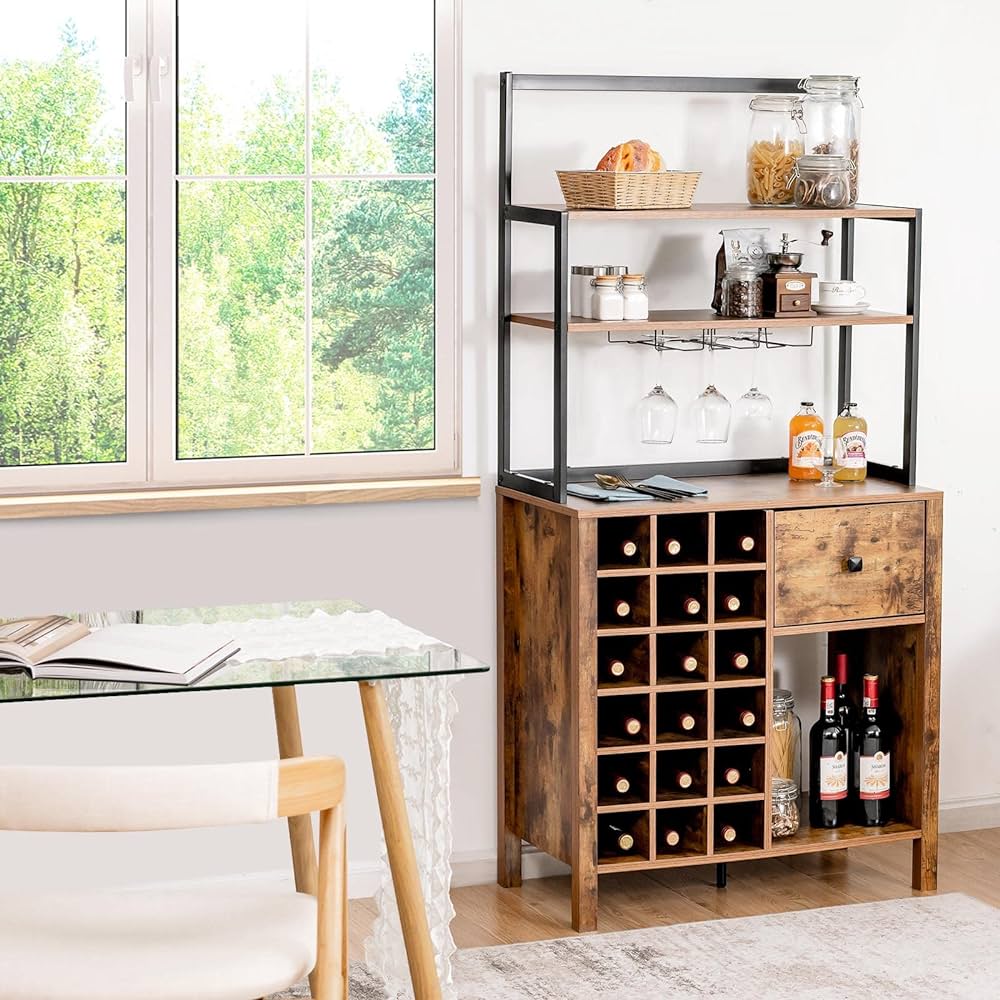 Kitchen Wine Rack, Freestanding Cabinet w/Wine Glass Holder & Drawer, 4-Tier Bakers Rack, Microwave Oven Stand for Kitchen Dining Room Living Room