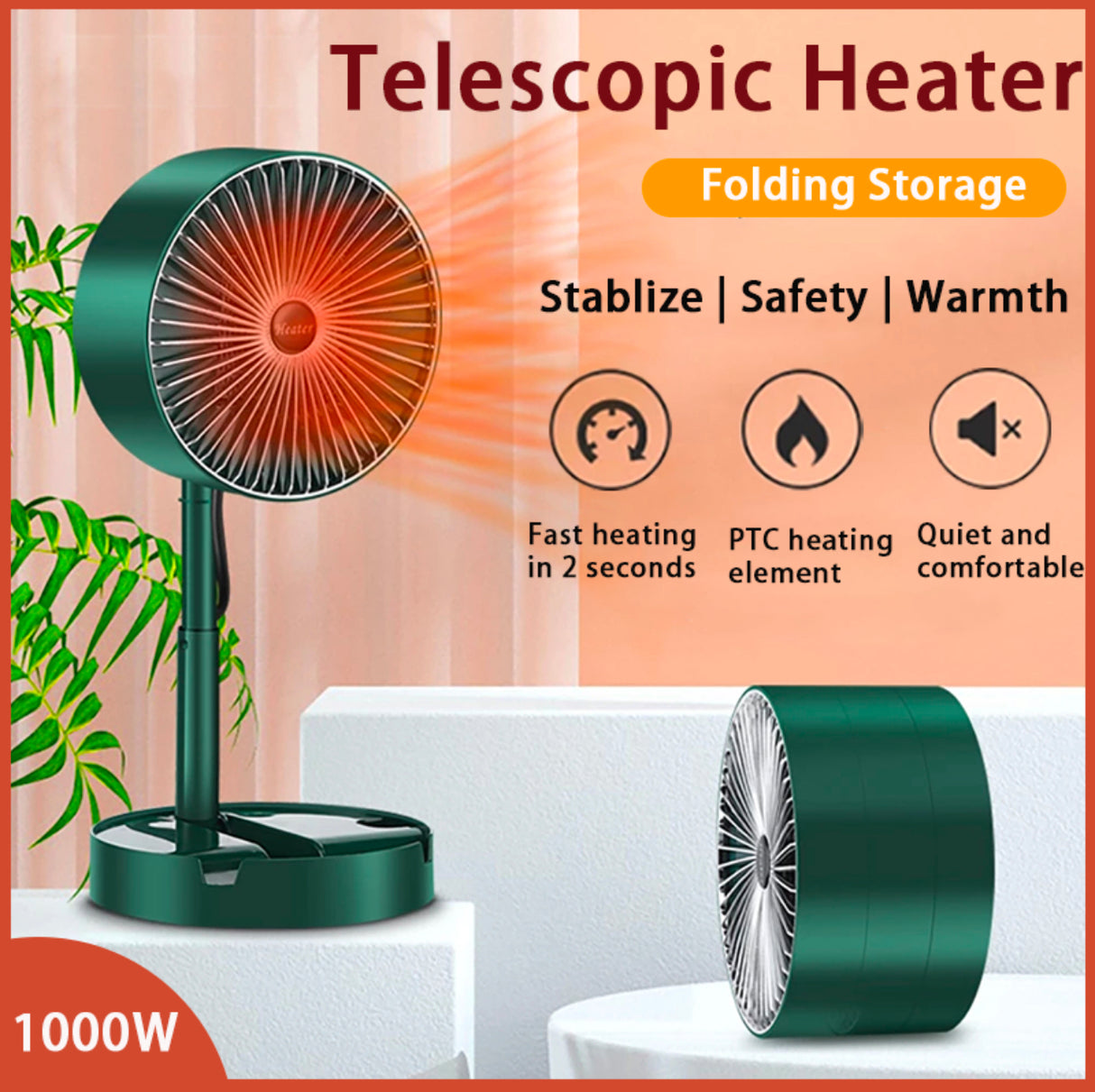 Portable Electric Heater Fan 1000W PTC Fast Heating Ceramic Home Office Travel