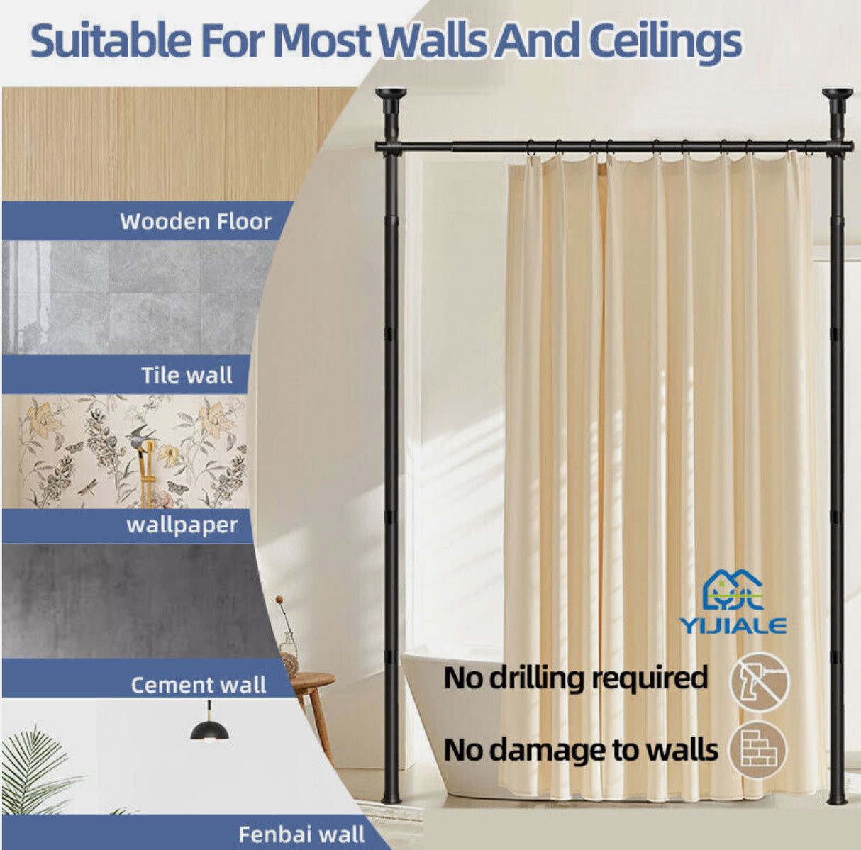 Large Room Divider Panel Privacy Partition Divider Screen Rod 1.1-3m Adjustable