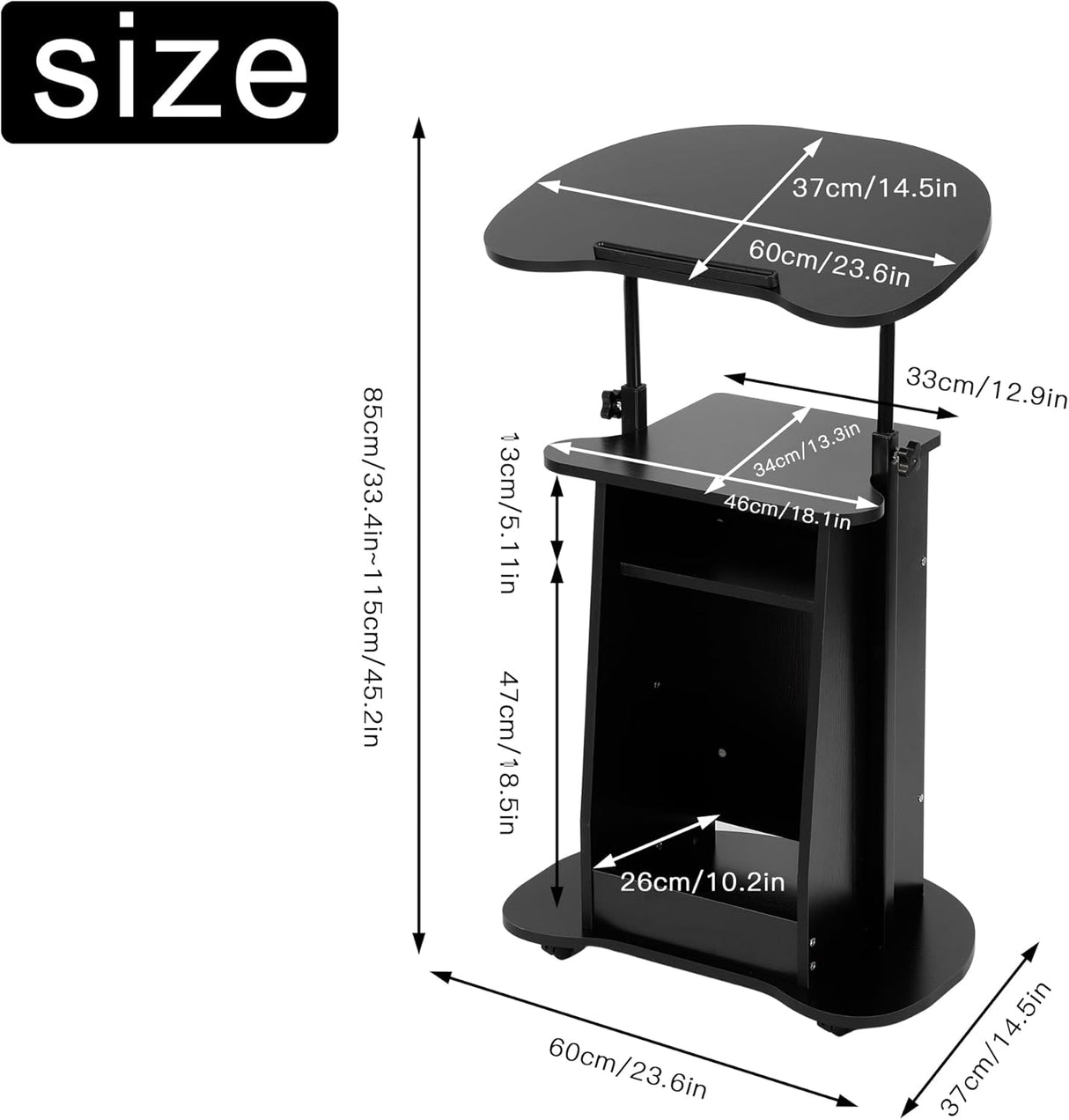 Mobile Podium Stand, Portable Height Adjustable Lectern Podium Stand with Tilting Desktop & Storage, Standing Laptop Desk with Wheels, Podium Stand for Classroom Home Office