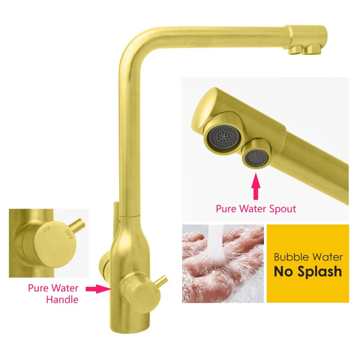Brushed Gold 3 Way Kitchen Mixer Pure Drinking Water Sink Tap Swivel Spout WELS