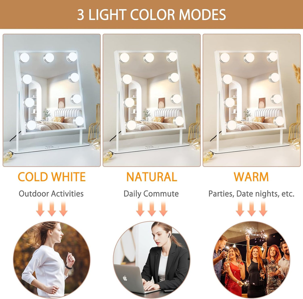 Vanity Mirror with Lights Hollywood Lighted Makeup Mirror with 9 LED Bulbs, 3Colors Dimable Light Detachable 10X Magnification(White)