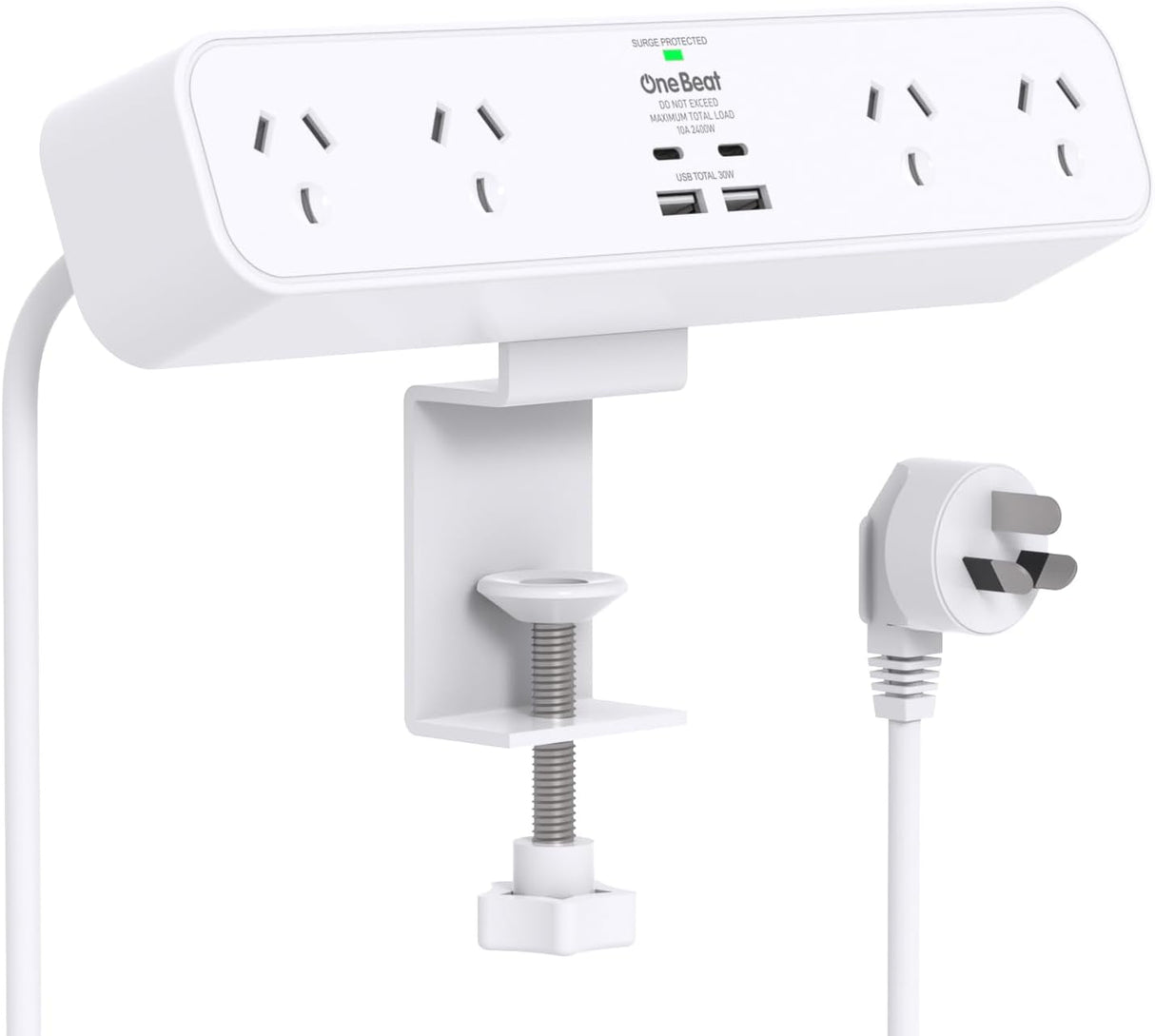 One Beat PD 30W Desk Clamp Power Board USB C,Fast Charging Station,4 Outlets with 4USB Ports(2USB C), Desktop Mounted Power Board Surge Protected,1.5M Extension Cord for Desk Accessories Home Office