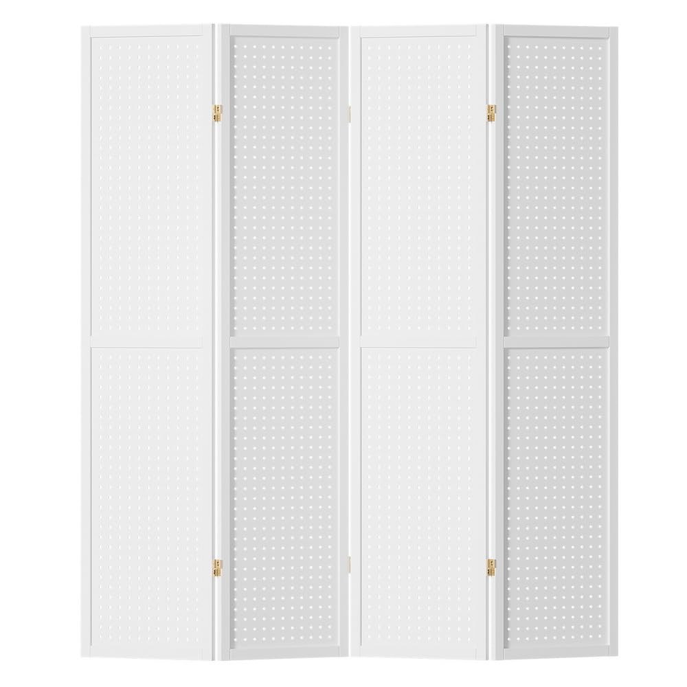 4 panel Room Divider, Folding Privacy Portable Screen Shelf Dividers Partition Wall Screens Home Pet Child Indoor Bedroom Furniture, Separator Water-Resistant Pegboard Stand Hollow White