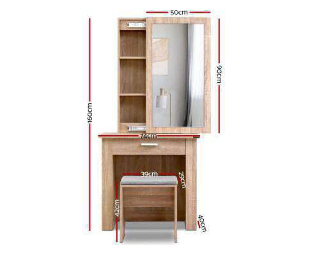 Dressing Table Mirror Slidable Makeup Space Stool Wooden Vanity Desk Chair, Home Bedroom Furniture Oak Girls Kids Women Organisers, with Legs Floor Standing