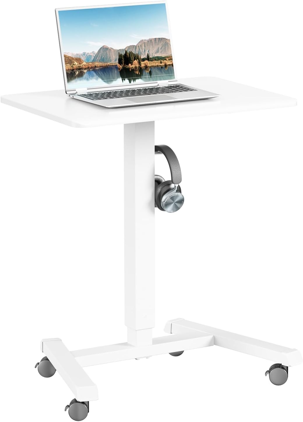 ERGOMAKER Mobile Standing Desk Pneumatic Adjustable Height 25.6 x 17.7 Inch Mobile Desk Adjustable Height On Wheels,Sit Stand up Desk Home Office Computer Desk, White + Single