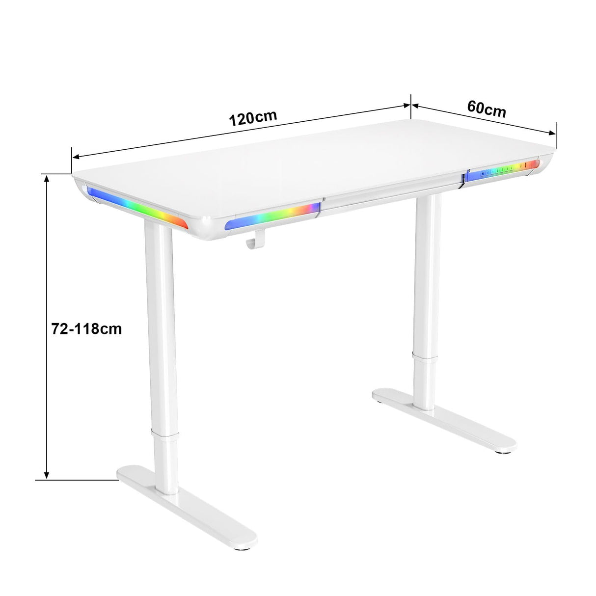 Electric Standing Desk Sit Stand Up Computer Table with Drawer Height Adjustable Motorised Rising Office Workstation Tempered Glass RGB LED Lights, USB& Type-C Charging Port White