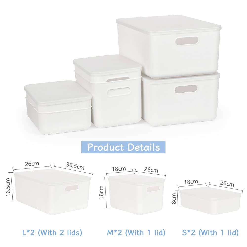 Plastic Storage Bins, Set of 6 Storage Boxes with 4 Lids, Storage Basket with Handle, Versatile Storage Box for Bathroom, Kitchen, Office, Living Room