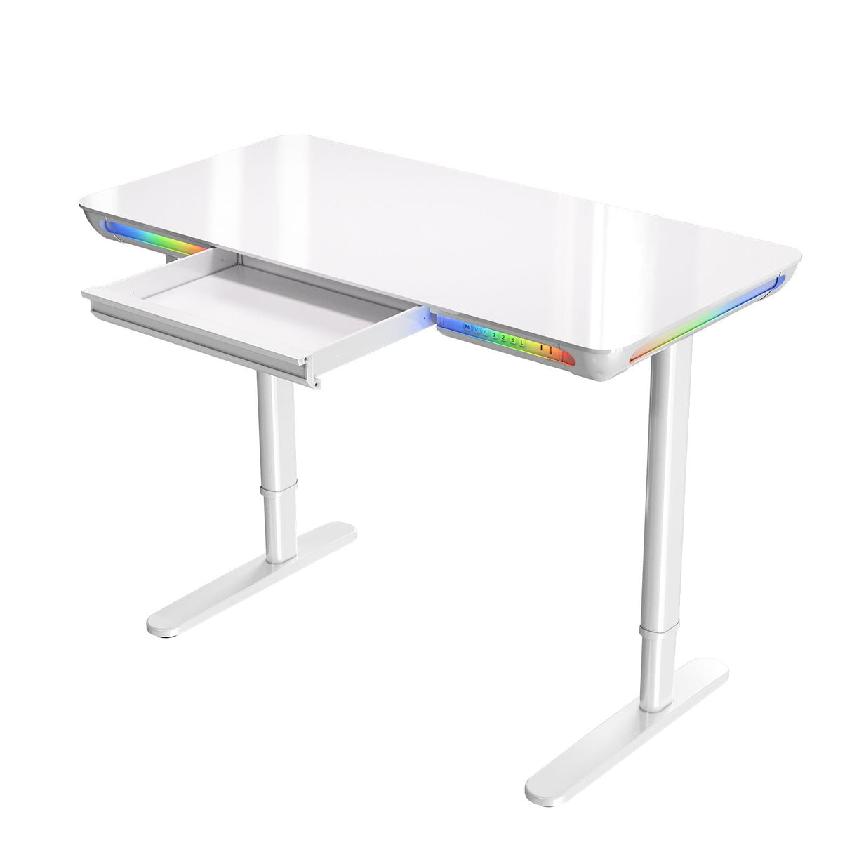 Electric Standing Desk Sit Stand Up Computer Table with Drawer Height Adjustable Motorised Rising Office Workstation Tempered Glass RGB LED Lights, USB& Type-C Charging Port White
