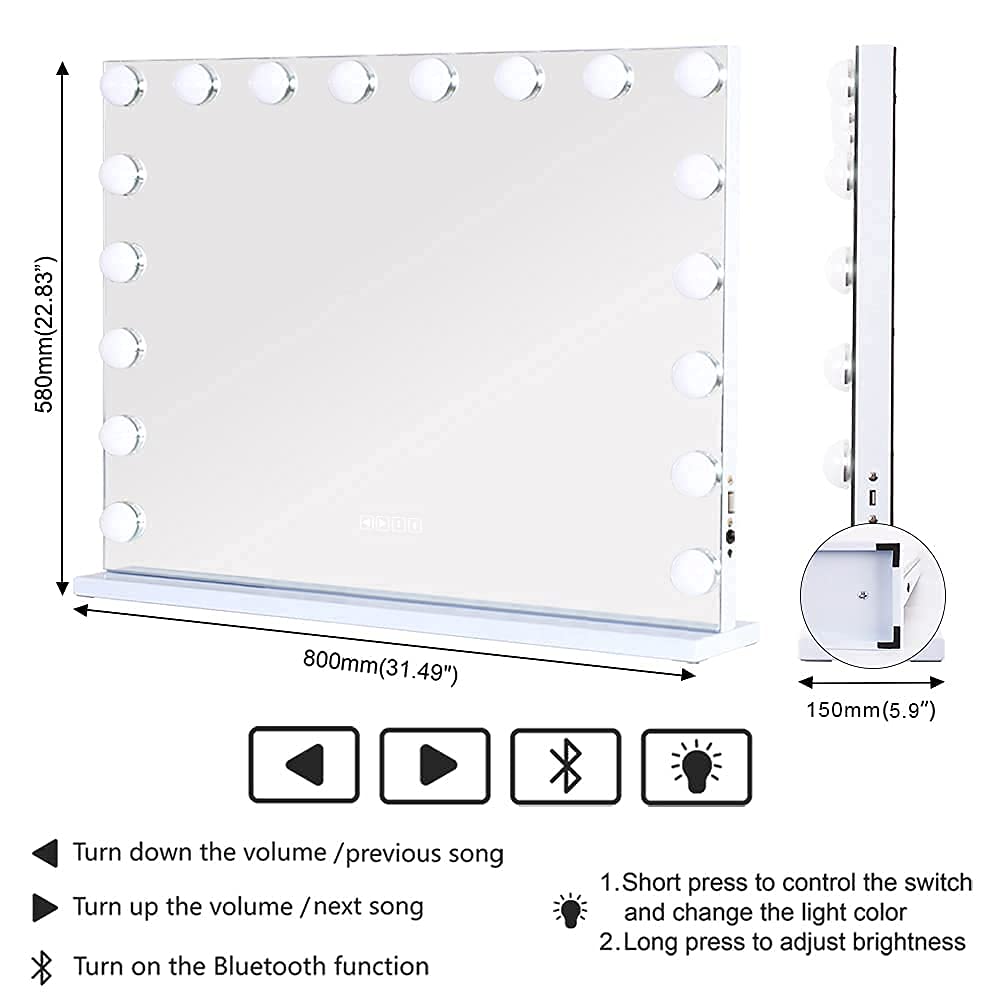 Vanity Smart Mirror with Lights Bluetooth Speaker USB Power Charging Large Hollywood Lighted Mirror with 18 Dimming LED Bulbs for Tabletop/Wall-Mounted