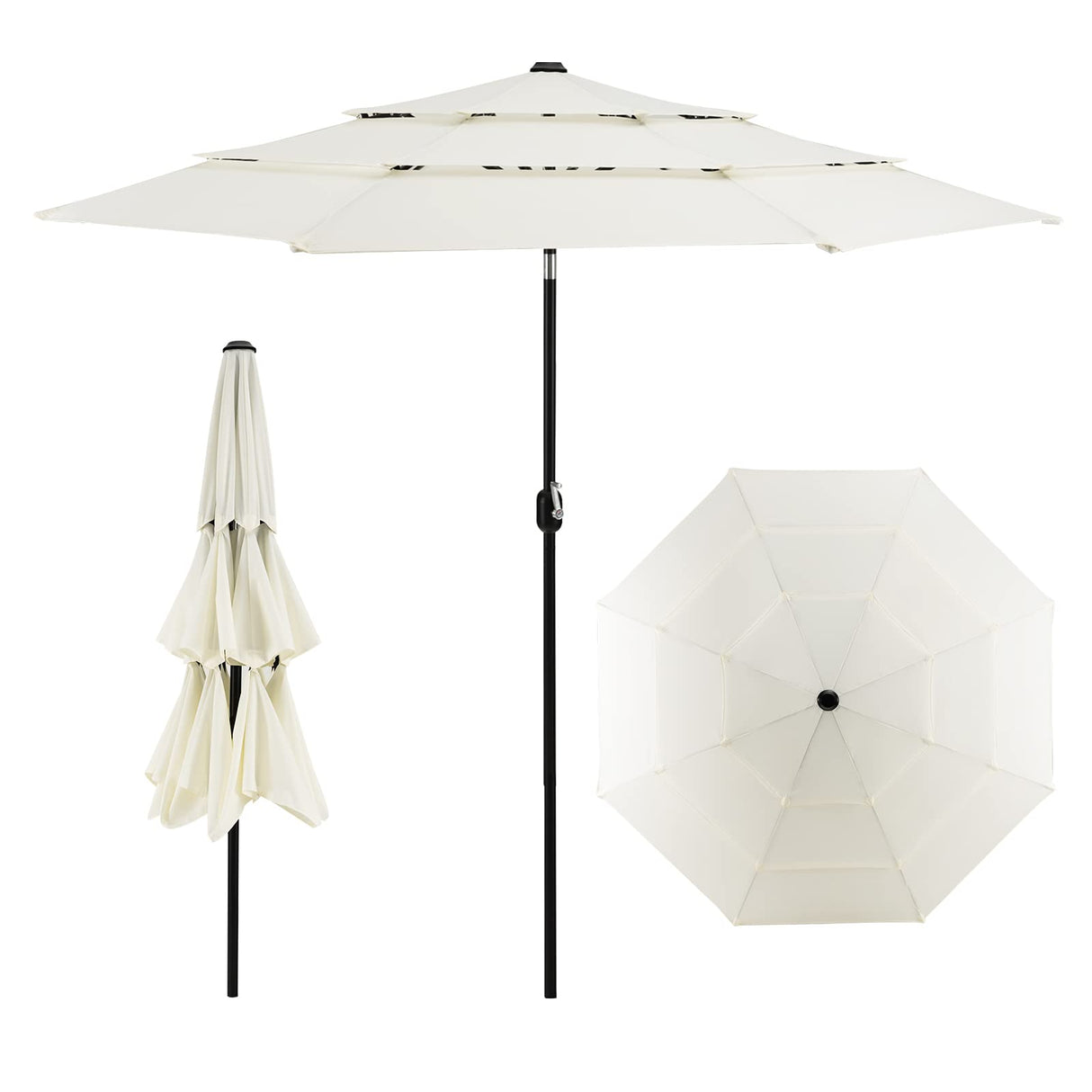 3M 3-Tier Patio Umbrella, Double Vented Outdoor Umbrella w/Push Button Tilt, Manual Crank, 8 Sturdy Ribs, Market Table Umbrella for Beach, Patio, Backyard, Poolside, Easy Assembly