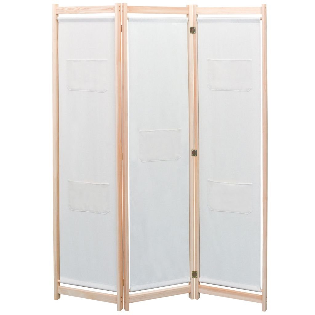 3-Panel Room Divider in Cream - Freestanding Fabric and Fir Wood Frame Partition with Extra Storage Bags - 120x170x4cm