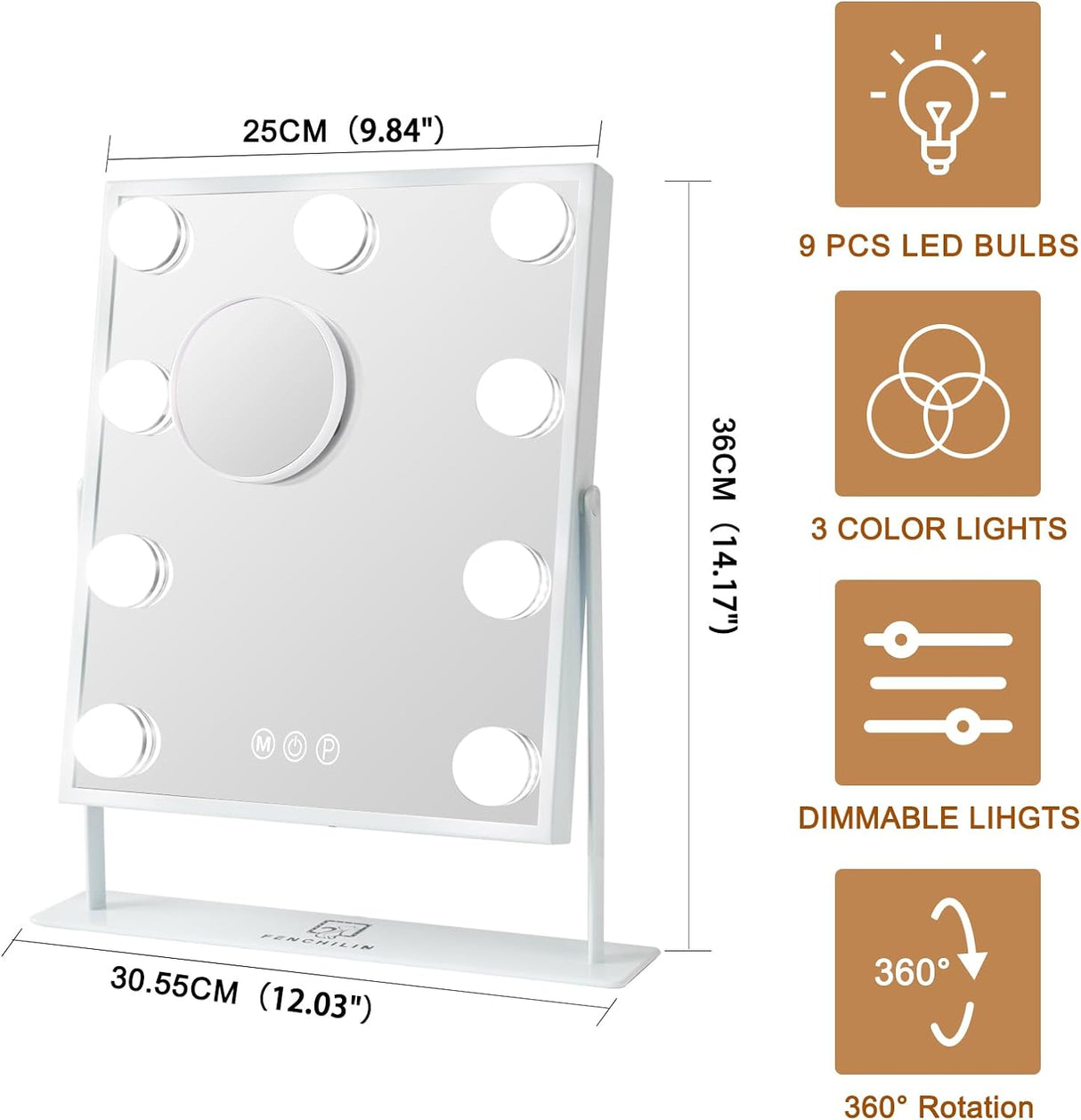 Vanity Mirror with Lights Hollywood Lighted Makeup Mirror with 9 LED Bulbs, 3Colors Dimable Light Detachable 10X Magnification(White)