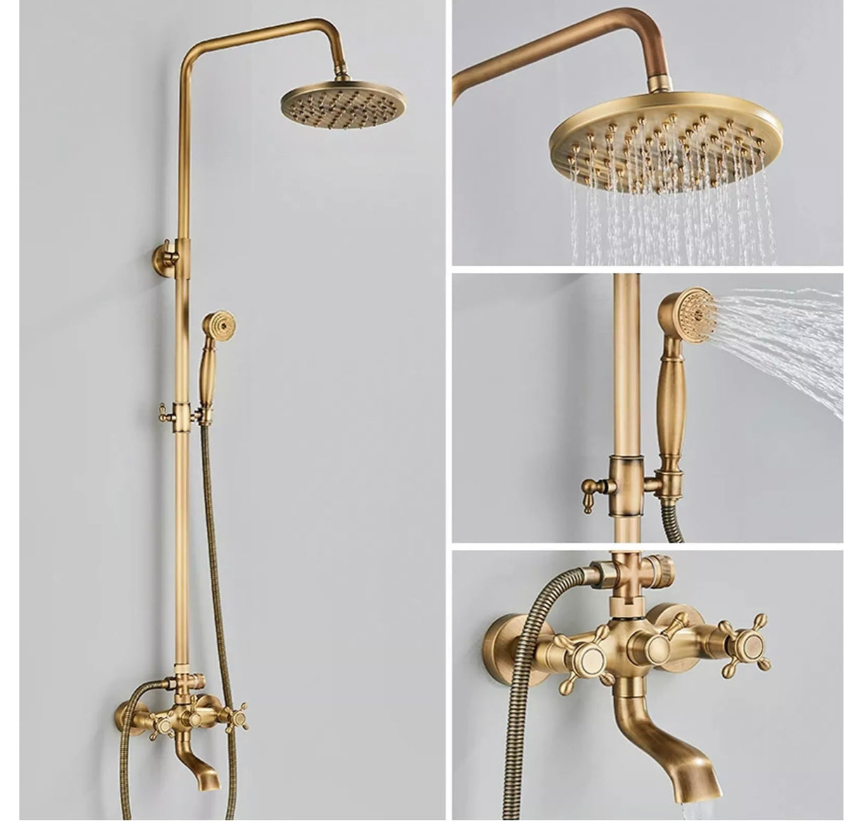 WELS Shower System Set Antique Brass Rainfall Shower Head Hand Shower Wall Mount