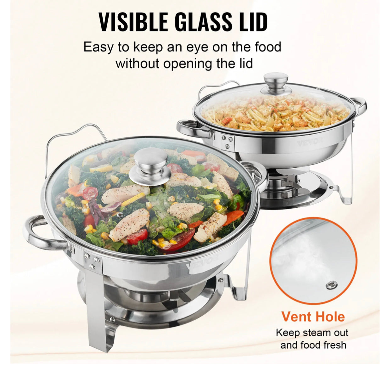 2-Pack Round Chafing Dish Set with Full-Size 4Qt Pan Glass Lid Fuel Holder