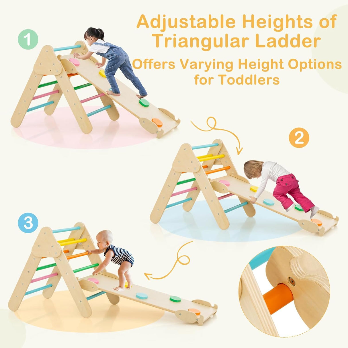 Kids Triangle Climbing Toys Set, 5 in 1 Toddler Wooden Climbing Gym Arch Rocking Playset w/Reversible Ramp for Sliding, Indoor Home Climbing Sliding Set for Boys Girls Colorful