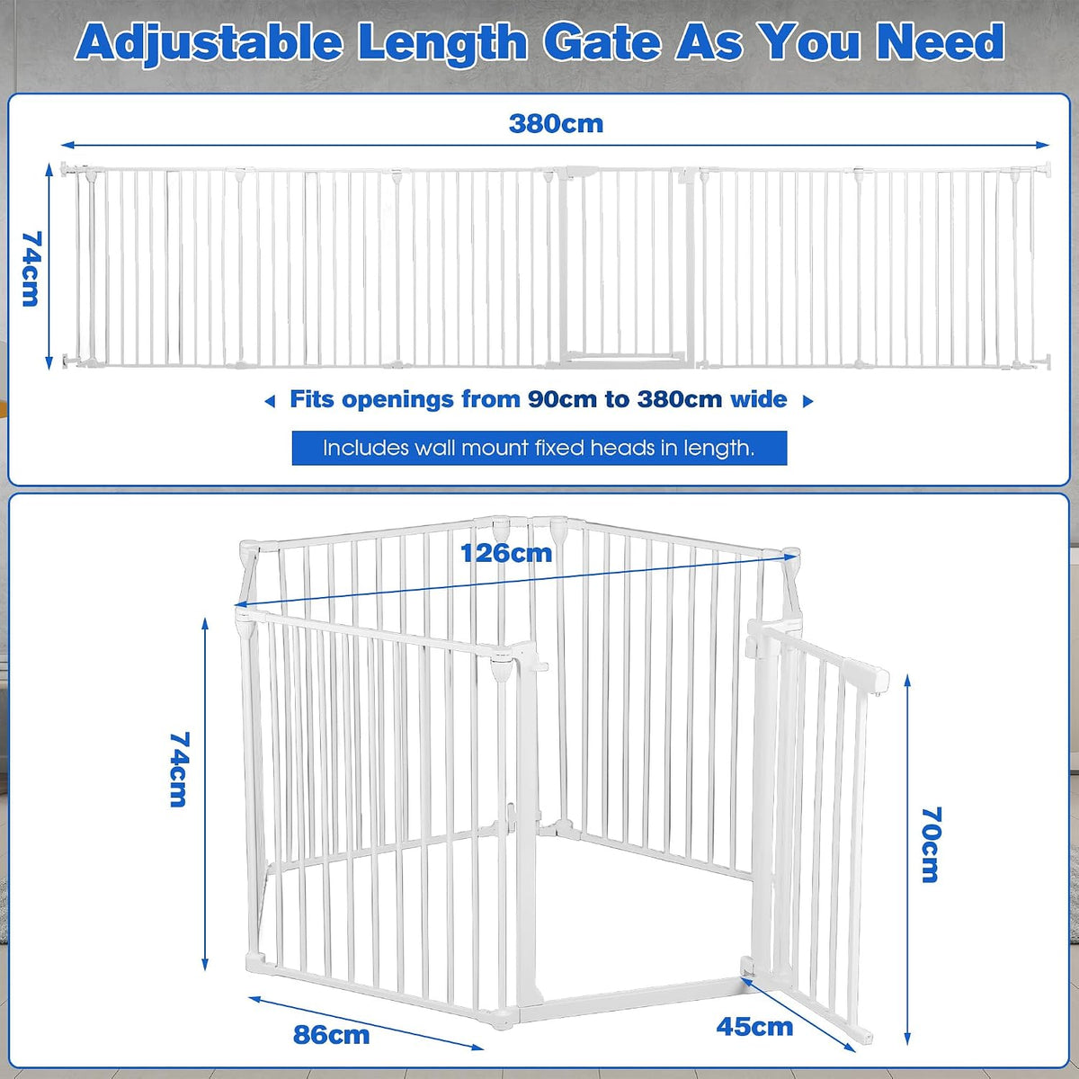 6-Panel Adjustable Metal Dog Gate with Door – 380 × 74 cm, White
