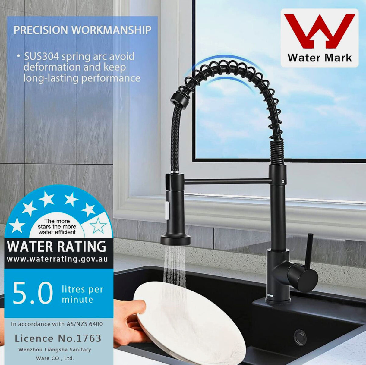 WELS Kitchen Mixer Taps Black Pull Out Sink Taps 360° Swivel Single Lever Faucet