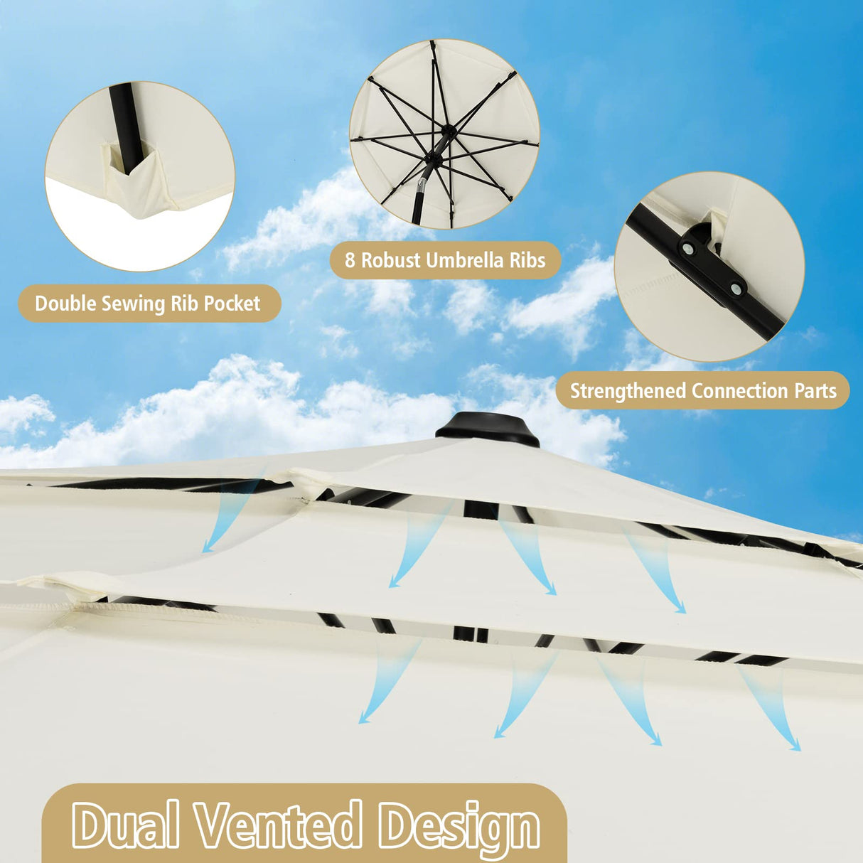 3M 3-Tier Patio Umbrella, Double Vented Outdoor Umbrella w/Push Button Tilt, Manual Crank, 8 Sturdy Ribs, Market Table Umbrella for Beach, Patio, Backyard, Poolside, Easy Assembly