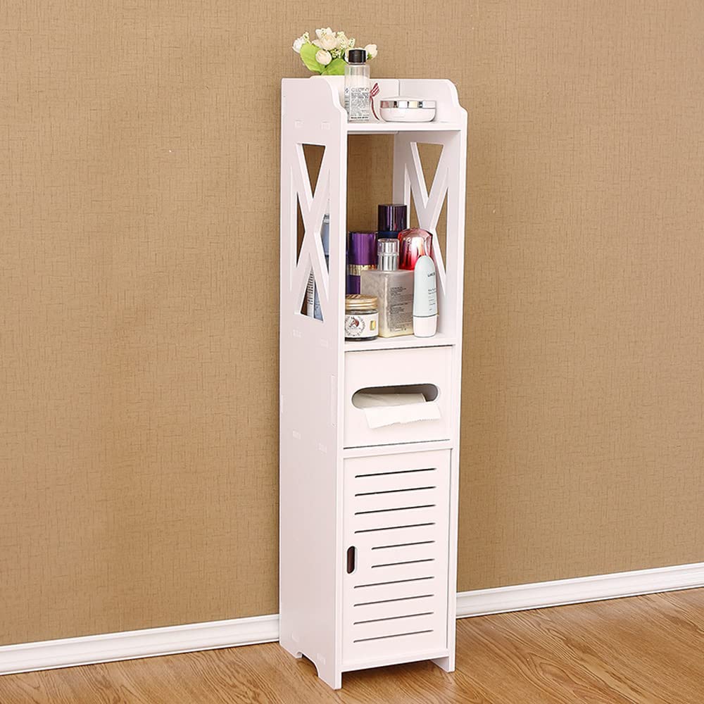 Small Bathroom Storage Corner Floor Cabinet with Doors and Shelves, Thin Toilet Vanity Cabinet, Narrow Bath Sink Organizer, Towel Storage Shelf for Paper Holder, (White)