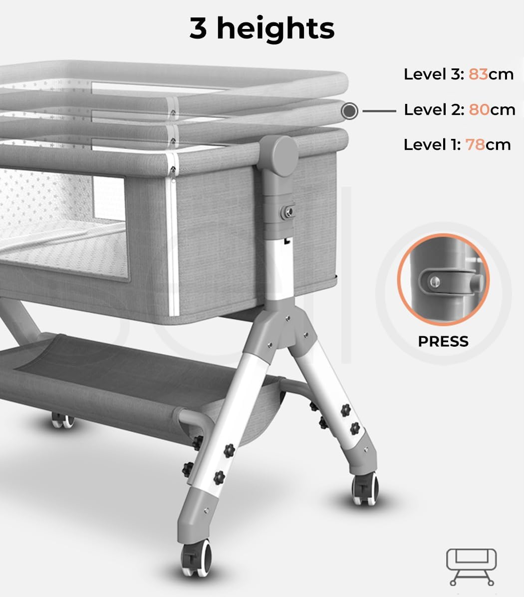 3-in-1 Baby Cot Bed Crib Bedding Set Bassinet Safety Fence Adjustable Beside Rails Babysitter Sleep