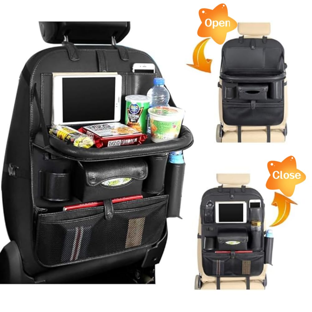 Car Backseat Organizer Car Organizer Leather Car Seat Organizer, Multi-Function Storage Folding Table Waterproof and Stain-Resistant Large Capacity(Black)